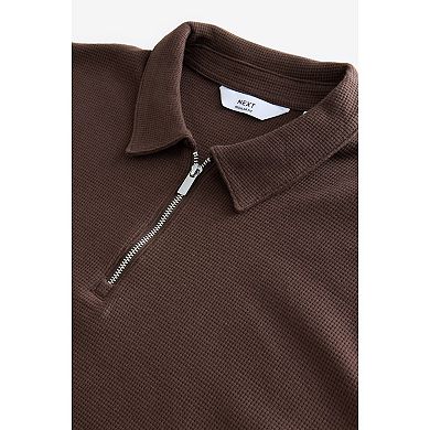 Men's NEXT Chocolate Brown Long Sleeve Waffle Textured 100% Cotton Polo Shirt