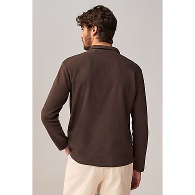 Men's NEXT Chocolate Brown Long Sleeve Waffle Textured 100% Cotton Polo Shirt