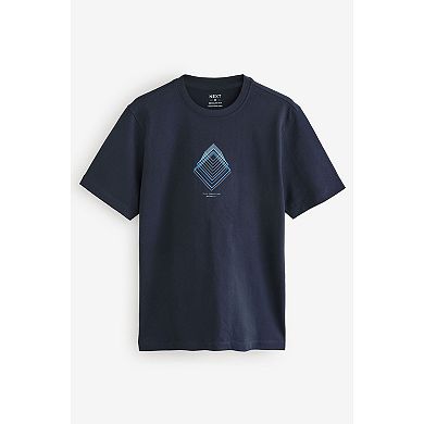 Men's NEXT Navy Blue/Burgundy Red/Grey Relaxed Fit Graphic Print Heavyweight 100% Cotton T-Shirt