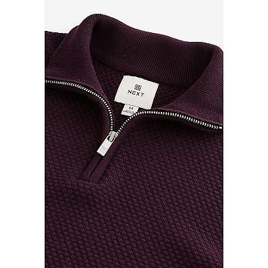 Men's NEXT Fig Purple Textured Regular Fit 100% Cotton Premium Quarter-Zip Sweater