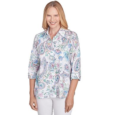 Women's Alfred Dunner Paisley Button Down Cuffed Sleeve Top