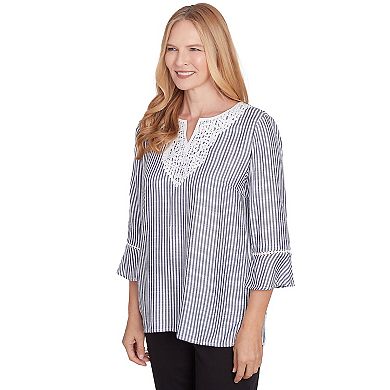 Women's Alfred Dunner Embroidered Split Neck Striped Top
