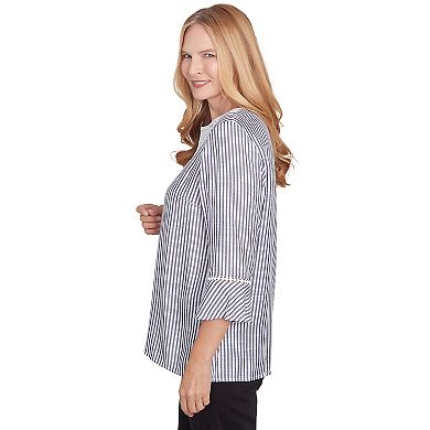 Women's Alfred Dunner Embroidered Split Neck Striped Top