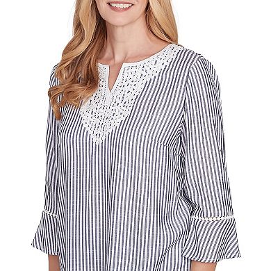 Women's Alfred Dunner Embroidered Split Neck Striped Top