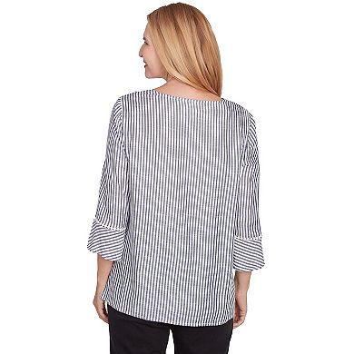 Women's Alfred Dunner Embroidered Split Neck Striped Top
