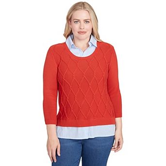 Petite Alfred Dunner Stitched Cable Stripe Woven Trim Sweater