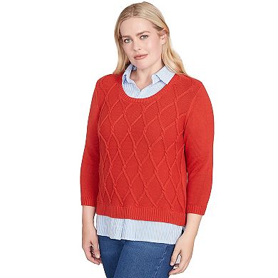 Petite Alfred Dunner Stitched Cable Stripe Woven Trim Sweater