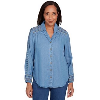 Petite Alfred Dunner Needlepoint Embroidered Button Front Top