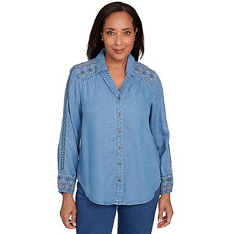 Petite Alfred Dunner Needlepoint Embroidered Button Front Top