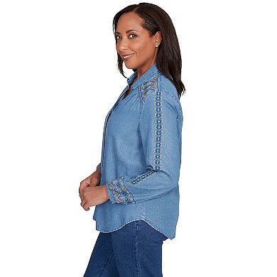 Petite Alfred Dunner Needlepoint Embroidered Button Front Top