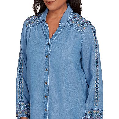 Petite Alfred Dunner Needlepoint Embroidered Button Front Top