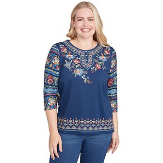 Petite Alfred Dunner Printed Sleeve Floral Embroidered Top