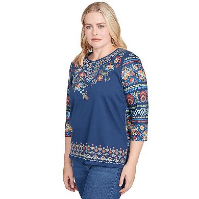 Petite Alfred Dunner Printed Sleeve Floral Embroidered Top