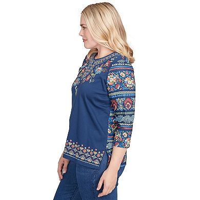 Petite Alfred Dunner Printed Sleeve Floral Embroidered Top