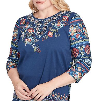 Petite Alfred Dunner Printed Sleeve Floral Embroidered Top