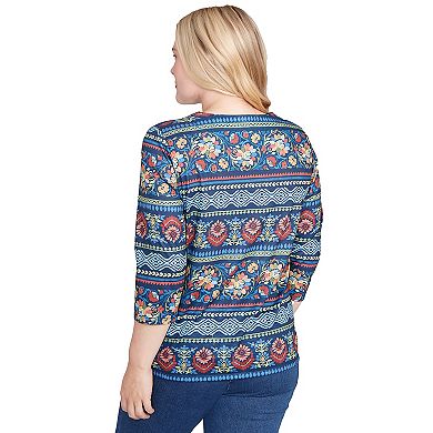 Petite Alfred Dunner Printed Sleeve Floral Embroidered Top