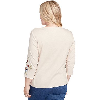 Petite Alfred Dunner Allover Floral Embroidered Crew Neck Top