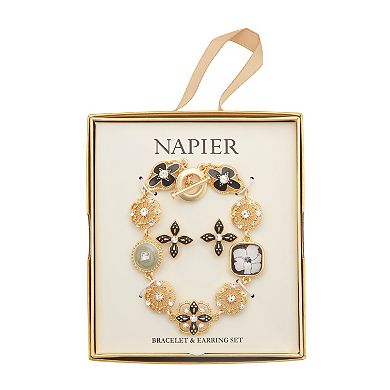 Napier Gold Tone Elevated Flower Bracelet & Stud Earrings Set