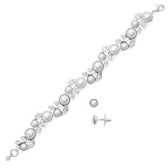 Napier Silver Tone Elevated Simulated Pearl Bracelet & Stud Earrings Set