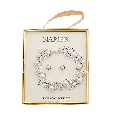 Napier Silver Tone Elevated Simulated Pearl Bracelet & Stud Earrings Set