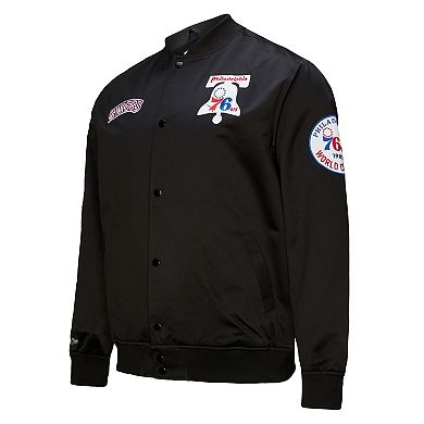 Men's Black Philadelphia 76ers Hardwood Classics Blackout Collection Satin Full-Zip Jacket