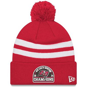 Men's New Era Red Tampa Bay Buccaneers 2024 NFC South Division Champions Striped Cuffed Knit Hat with Pom