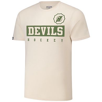 Men's Levelwear Jack Hughes Khaki New Jersey Devils 2024 NHL Military Appreciation Richmond Delta Player Name & Number T-Shirt