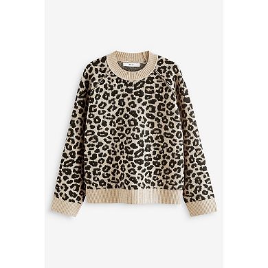 Women's NEXT Leopard Print Seam Detail Crew Neck Jumper with Wool