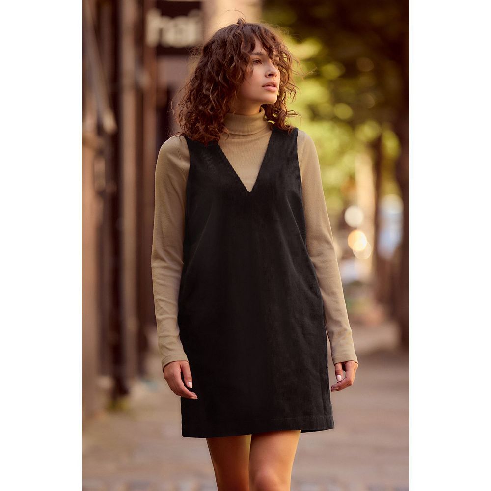 pinafore formal dress Black Linen Pinafore Dress - Wide Straps and Patch Pockets C1053