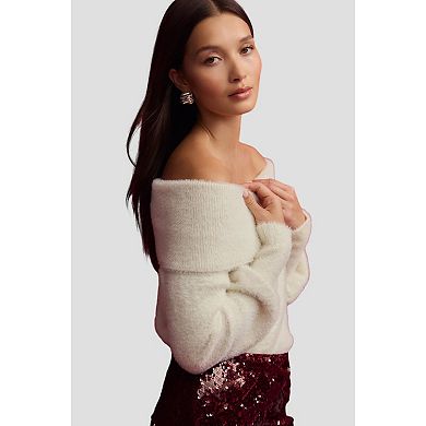 Women's NEXT White Ecru Fluffy Off-Shoulder Bardot Sweater