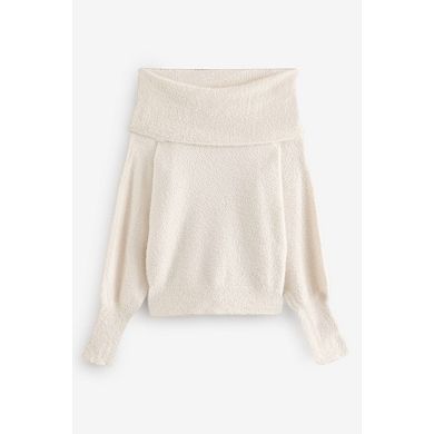 Women's NEXT White Ecru Fluffy Off-Shoulder Bardot Sweater