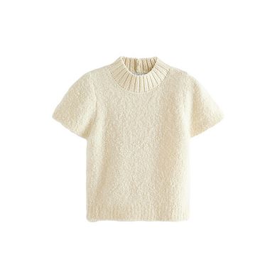 Women's NEXT White Ecru Co-ord Short Sleeve High Neck Boucle Textured Knitted T-Shirt Sweater