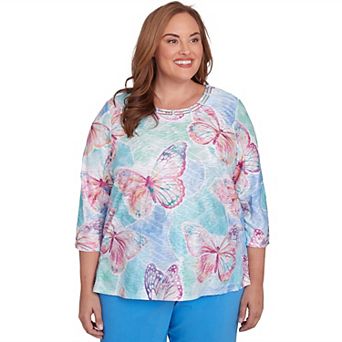 Plus Size Alfred Dunner Butterfly Crewneck Three Quarter Sleeve Top