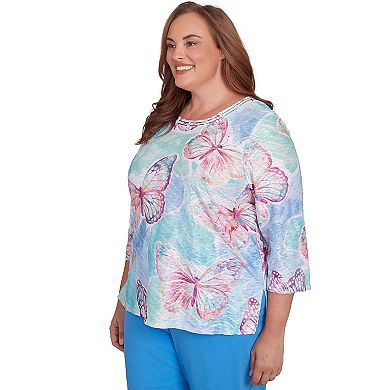 Plus Size Alfred Dunner Butterfly Crewneck Three Quarter Sleeve Top