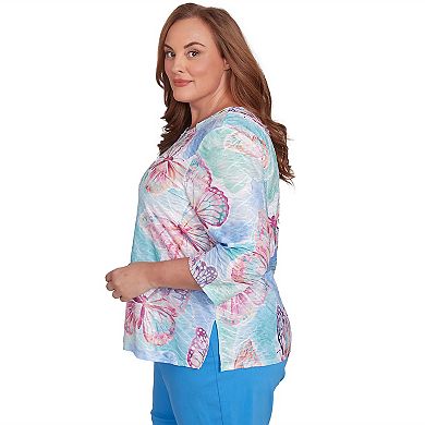 Plus Size Alfred Dunner Butterfly Crewneck Three Quarter Sleeve Top