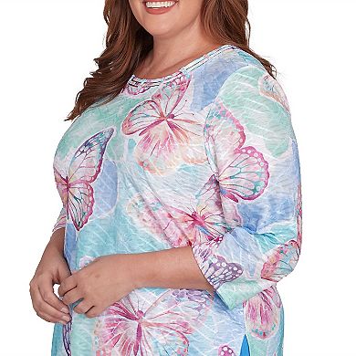 Plus Size Alfred Dunner Butterfly Crewneck Three Quarter Sleeve Top