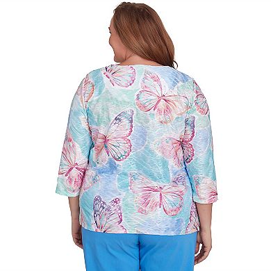 Plus Size Alfred Dunner Butterfly Crewneck Three Quarter Sleeve Top