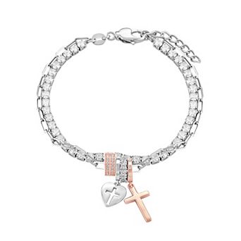 Brilliance Two Tone Silver Plated Cubic Zirconia Cross Charm Multistrand Tennis Bracelet