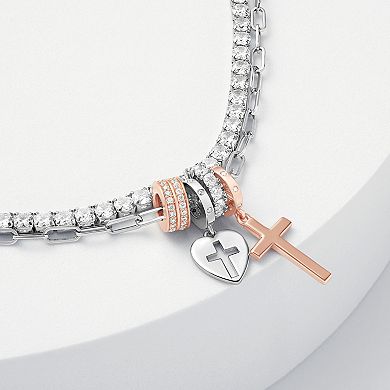 Brilliance Two Tone Silver Plated Cubic Zirconia Cross Charm Multistrand Tennis Bracelet