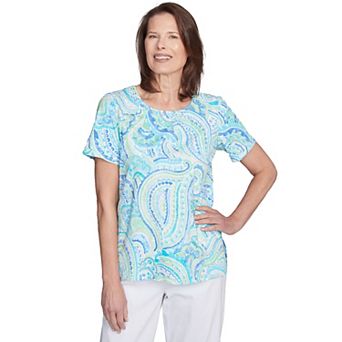 Petite Alfred Dunner Pleated Crew Neck Paisley Top