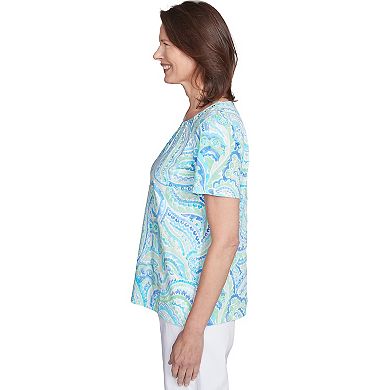 Petite Alfred Dunner Pleated Crew Neck Paisley Top