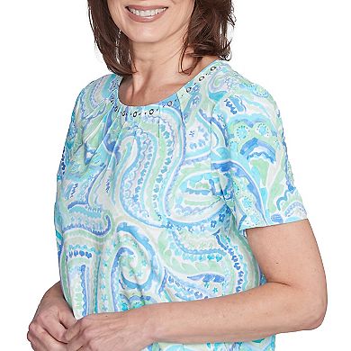 Petite Alfred Dunner Pleated Crew Neck Paisley Top