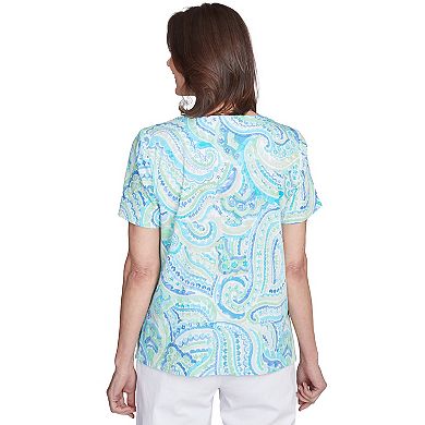 Petite Alfred Dunner Pleated Crew Neck Paisley Top