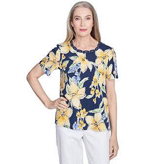 Petite Alfred Dunner Navy Floral Braided Crew Neck Top
