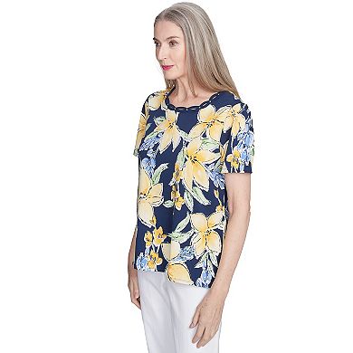 Petite Alfred Dunner Navy Floral Braided Crew Neck Top