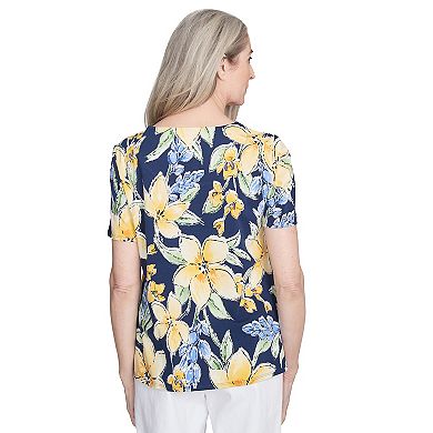 Petite Alfred Dunner Navy Floral Braided Crew Neck Top
