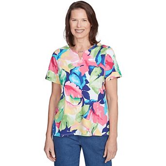 Petite Alfred Dunner Tropical Leaf Split Beaded Neck Top