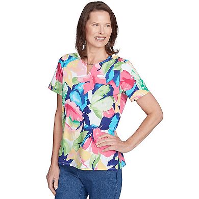 Petite Alfred Dunner Tropical Leaf Split Beaded Neck Top