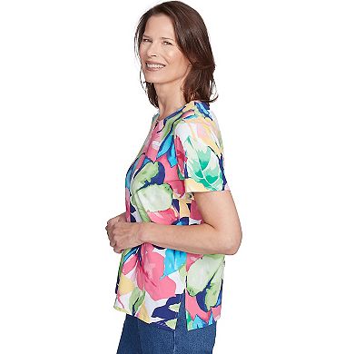 Petite Alfred Dunner Tropical Leaf Split Beaded Neck Top