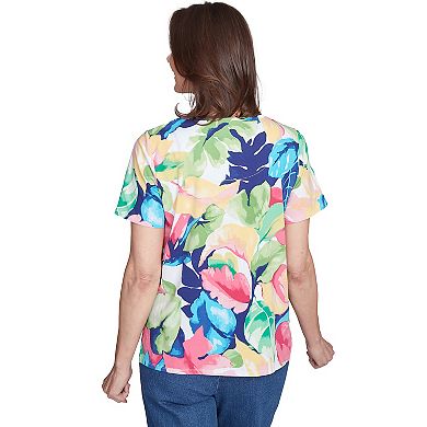 Petite Alfred Dunner Tropical Leaf Split Beaded Neck Top